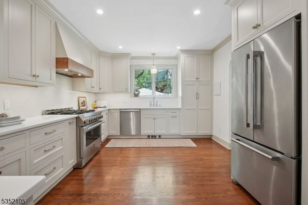 Interior, Kitchen, Pendant Lights, Recessed Lighting, Stainless Steel Appliances, Wood Texture Flooring