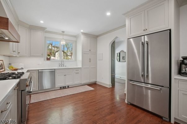 Interior, Kitchen, Pendant Lights, Recessed Lighting, Stainless Steel Appliances, Wood Texture Flooring