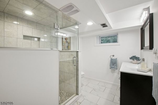 Bathroom, Glass Shower, Interior, Marble, Recessed Lighting