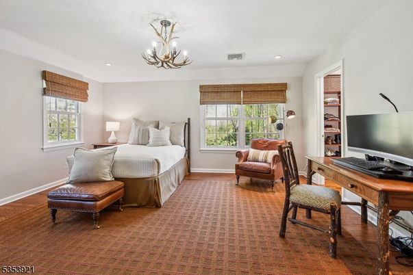 Bedroom, Chandelier, Home Office, Interior, Recessed Lighting, Wood Texture Flooring