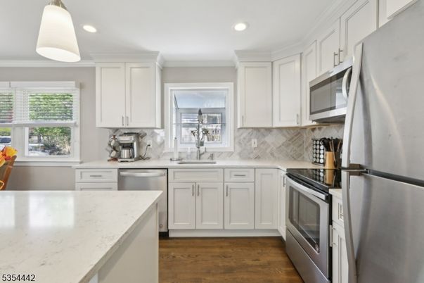 Interior, Kitchen, Pendant Lights, Recessed Lighting, Stainless Steel Appliances, Wood Texture Flooring
