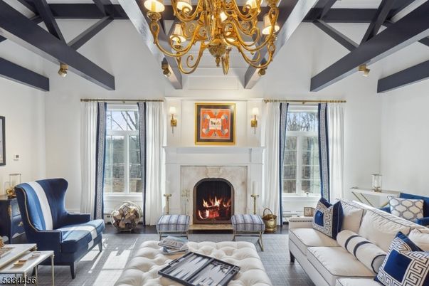 Chandelier, Fireplace, Interior, Living room, Wooden Beams