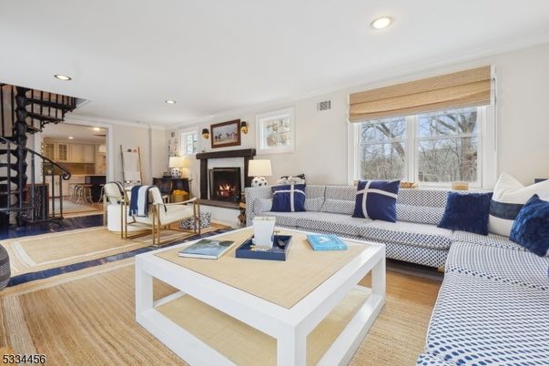 Fireplace, Interior, Living room, Recessed Lighting, Wood Texture Flooring