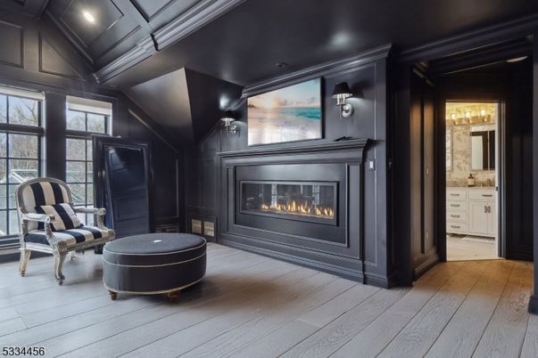 Fireplace, Interior, Recessed Lighting, Wood Texture Flooring, Wooden Walls