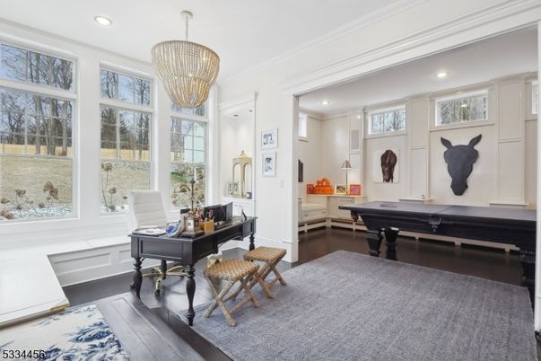 Billiard Table, Chandelier, Game Room, Home Office, Interior, Recessed Lighting, Wood Texture Flooring