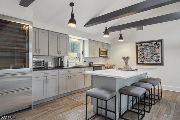 Interior, Kitchen, Pendant Lights, Stainless Steel Appliances, Wooden Beams, Wood Texture Flooring