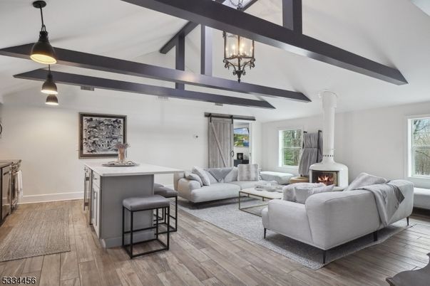Chandelier, Fireplace, Interior, Living room, Pendant Lights, Wooden Beams, Wood Texture Flooring