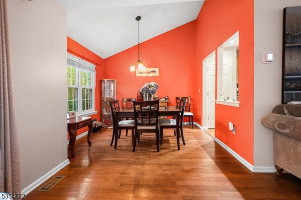 Dining room, Interior, Pendant Lights, Wood Texture Flooring