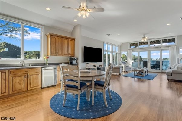 Dining room, Interior, Kitchen, Living room, Recessed Lighting, Wood Texture Flooring
