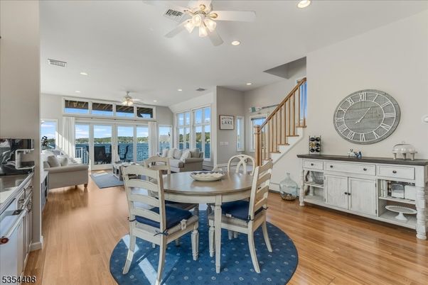 Dining room, Interior, Living room, Recessed Lighting, Wood Texture Flooring