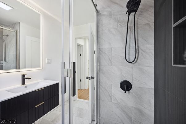 Bathroom, Glass Shower, Interior, Marble, Marble Walls, Wood Texture Flooring