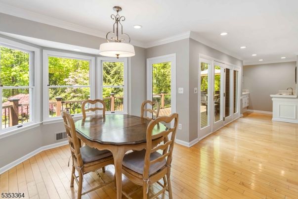 Dining room, Interior, Pendant Lights, Recessed Lighting, Wood Texture Flooring