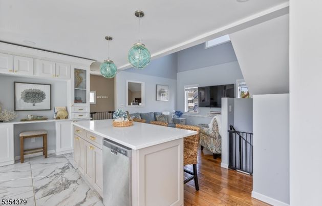 Interior, Kitchen, Marble, Pendant Lights, Wood Texture Flooring