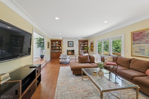 Fireplace, Interior, Living room, Recessed Lighting, Wood Texture Flooring