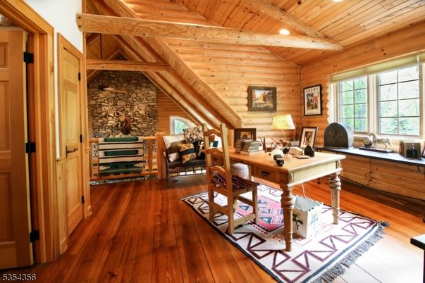 Fireplace, Home Office, Interior, Stone Walls, Wooden Beams, Wooden Ceilings, Wood Texture Flooring, Wooden Walls