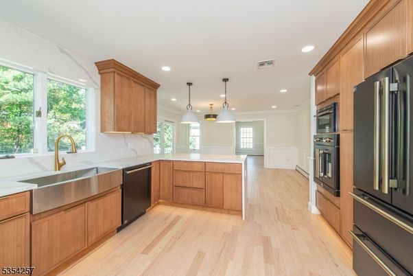 Interior, Kitchen, Pendant Lights, Recessed Lighting, Stainless Steel Appliances, Wood Texture Flooring