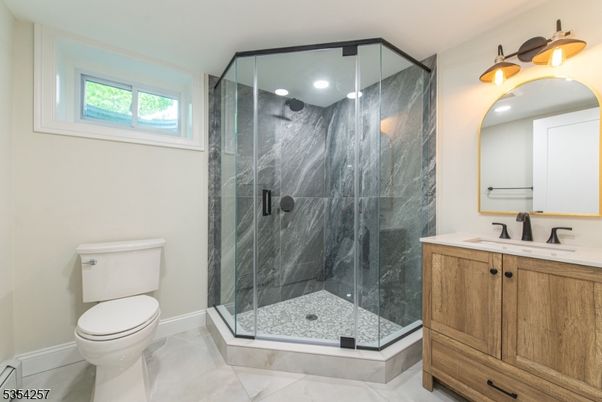 Bathroom, Glass Shower, Interior, Marble Walls, Recessed Lighting
