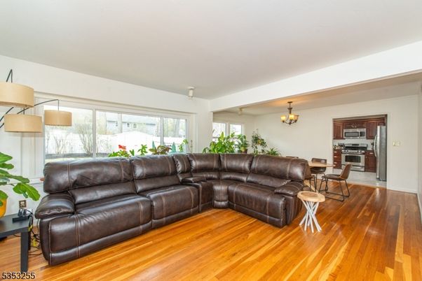 Chandelier, Interior, Kitchen, Living room, Stainless Steel Appliances, Wood Texture Flooring
