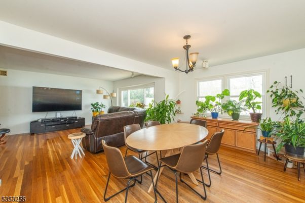 Dining room, Interior, Living room, Pendant Lights, Wood Texture Flooring