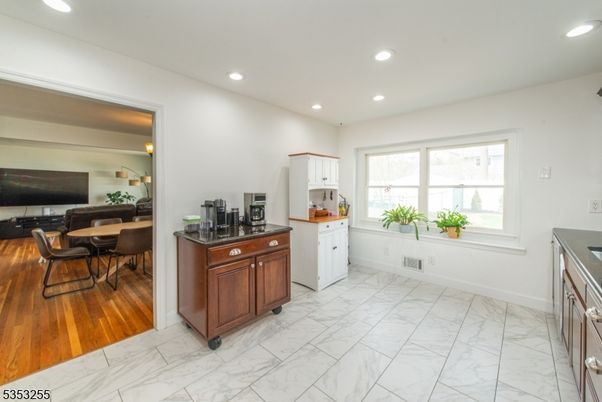 Dining room, Interior, Kitchen, Living room, Marble, Recessed Lighting, Wood Texture Flooring
