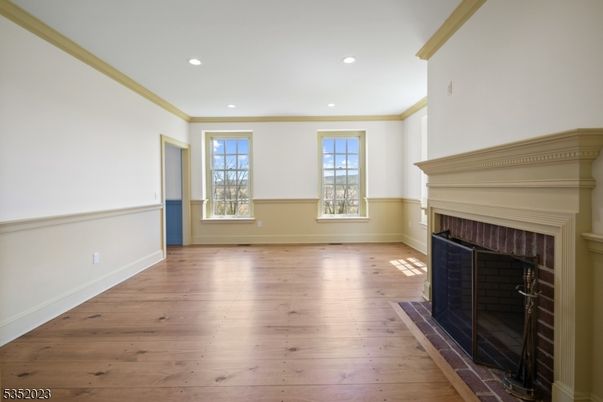 Empty room, Fireplace, Interior, Recessed Lighting, Wood Texture Flooring
