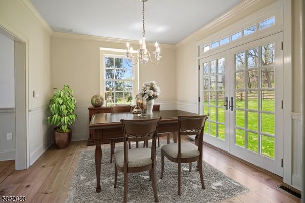 Chandelier, Dining room, Interior, Wood Texture Flooring