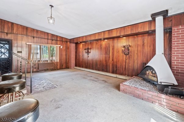 Empty room, Fireplace, Interior, Pendant Lights, Wooden Walls