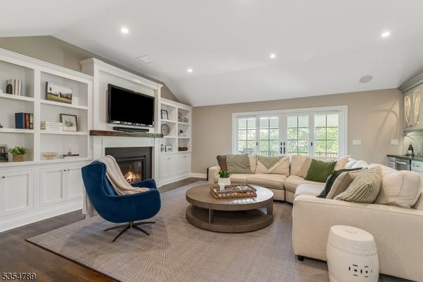 Fireplace, Interior, Living room, Recessed Lighting, Wood Texture Flooring