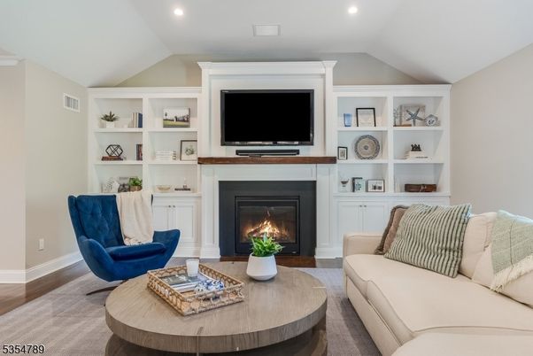 Fireplace, Interior, Living room, Recessed Lighting, Wood Texture Flooring