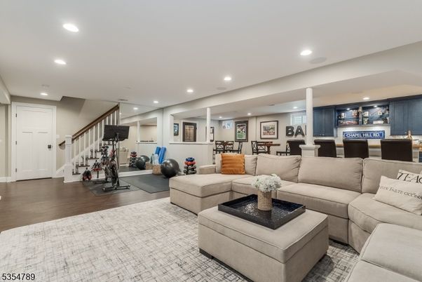 Dining room, Fitness Equipment, Interior, Living room, Recessed Lighting, Wood Texture Flooring