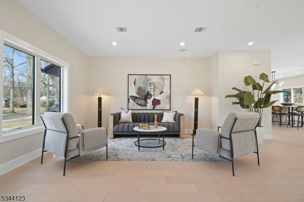 Dining room, Interior, Living room, Recessed Lighting, Wood Texture Flooring