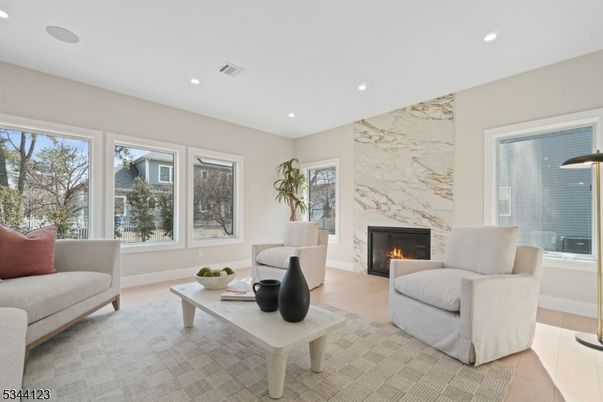 Fireplace, Interior, Living room, Marble Walls, Recessed Lighting