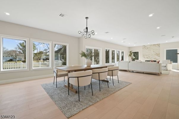 Dining room, Interior, Living room, Pendant Lights, Recessed Lighting, Wood Texture Flooring