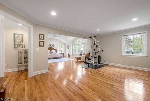 Bedroom, Fitness Equipment, Interior, Recessed Lighting, Wood Texture Flooring