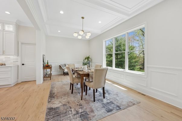 Dining room, Interior, Pendant Lights, Recessed Lighting, Wood Texture Flooring