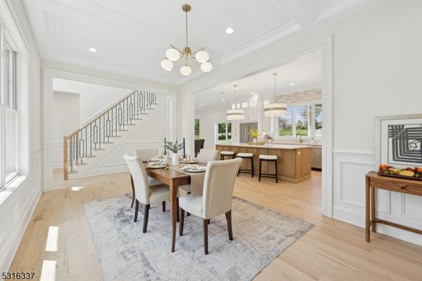 Dining room, Interior, Kitchen, Pendant Lights, Recessed Lighting, Wood Texture Flooring