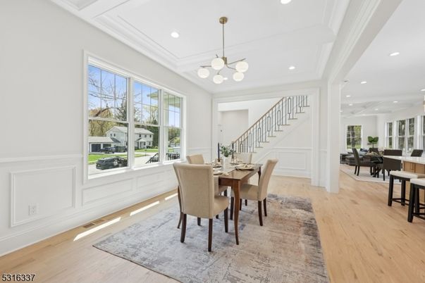 Dining room, Interior, Pendant Lights, Recessed Lighting, Wood Texture Flooring