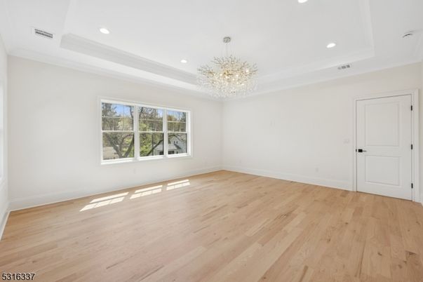 Chandelier, Empty room, Interior, Recessed Lighting, Wood Texture Flooring