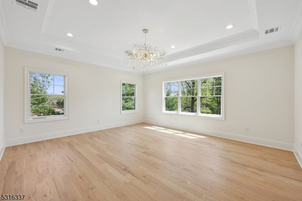 Chandelier, Empty room, Interior, Recessed Lighting, Wood Texture Flooring
