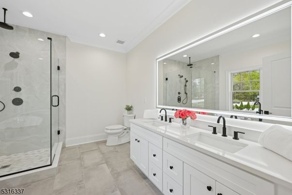 Bathroom, Dual Sink Vanities, Glass Shower, Interior, Recessed Lighting