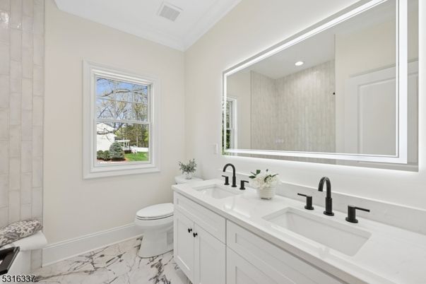 Bathroom, Dual Sink Vanities, Interior, Marble, Recessed Lighting