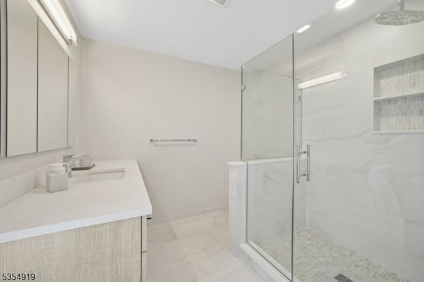 Bathroom, Glass Shower, Interior, Marble Walls, Recessed Lighting