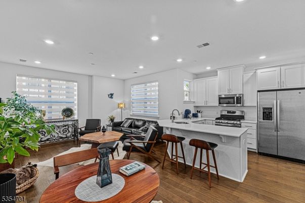 Interior, Kitchen, Living room, Recessed Lighting, Stainless Steel Appliances, Wood Texture Flooring