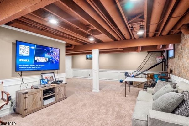 Game Room, Interior, Living room, Recessed Lighting, Stone Walls, Wooden Beams