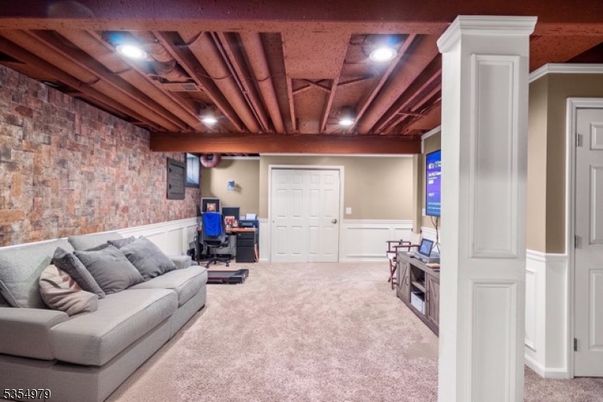 Home Office, Interior, Living room, Recessed Lighting, Stone Walls