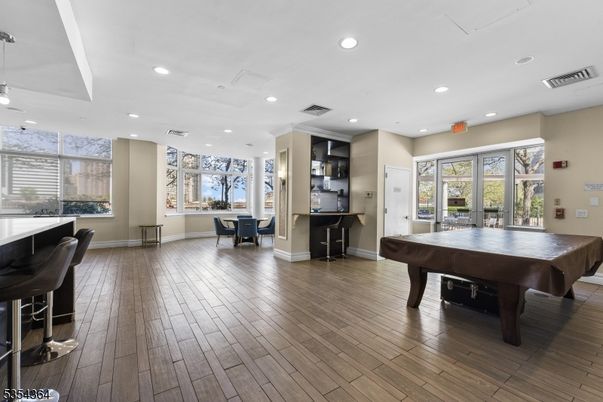 Billiard Table, Dining room, Game Room, Interior, Pendant Lights, Recessed Lighting, Wood Texture Flooring