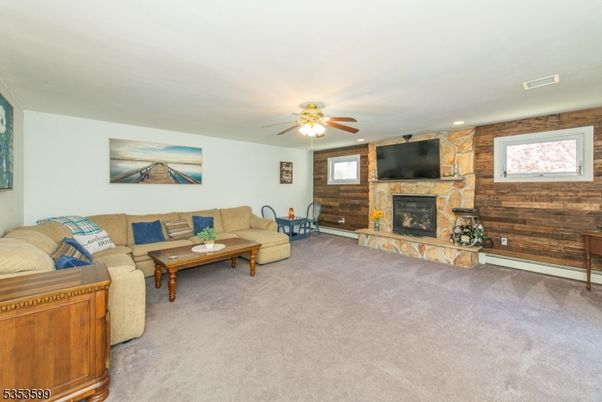 Fireplace, Interior, Living room, Recessed Lighting, Stone Walls, Wooden Walls