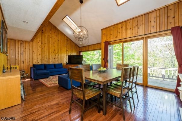 Chandelier, Dining room, Interior, Living room, Pendant Lights, Wooden Beams, Wood Texture Flooring, Wooden Walls