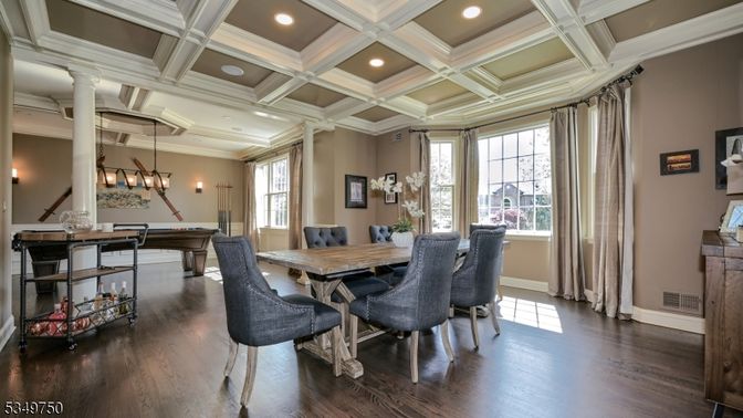 Chandelier, Dining room, Interior, Recessed Lighting, Wood Texture Flooring