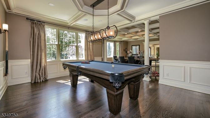 Billiard Table, Chandelier, Game Room, Interior, Recessed Lighting, Wood Texture Flooring